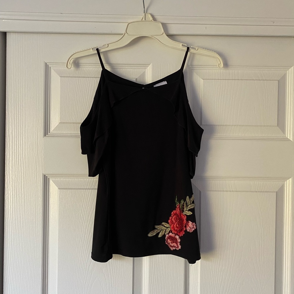 Black Cold Shoulder/Spaghetti Strap top with embroider Red flowers